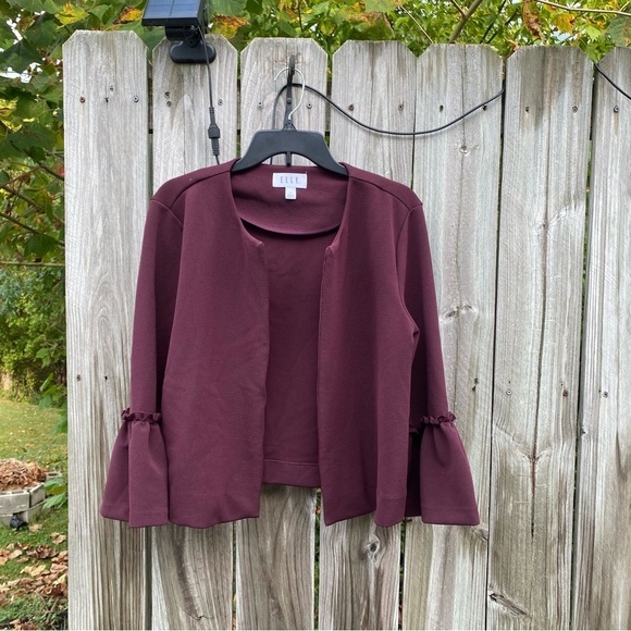 Elle Sweaters - ELLE Women’s Purple Burgundy Open Front Cardigan with Ruffle Sleeves L